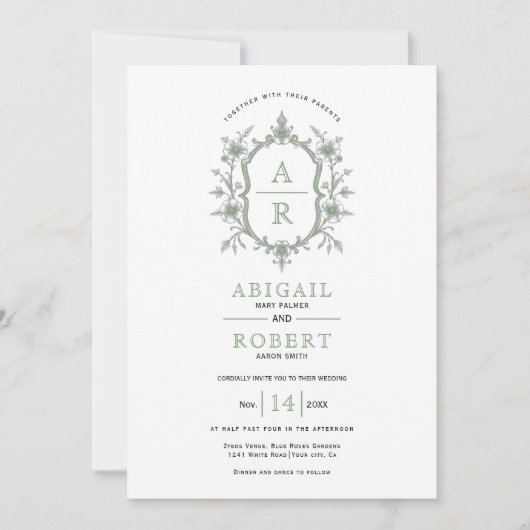 Sage groene bloemenkam initialen bruiloft kaart (Voorkant)