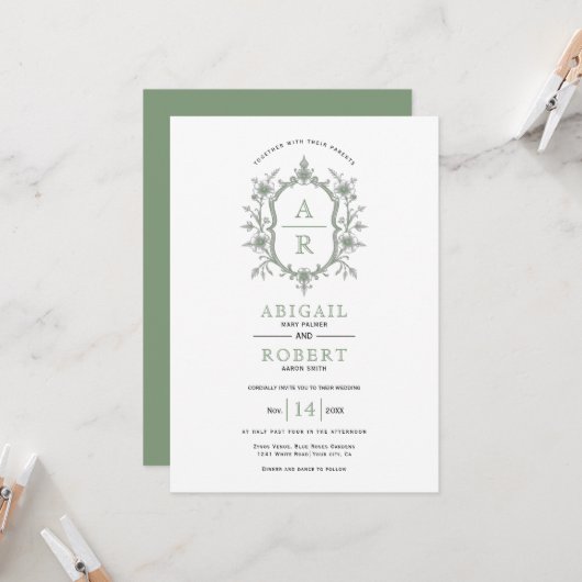 Sage groene  bloemenkam initialen bruiloft kaart (Voorkant / Achterkant in situ)