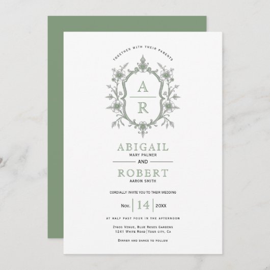 Sage groene  bloemenkam initialen bruiloft kaart (Voorkant / Achterkant)