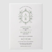 Sage groene  bloemenkam monogram bruiloft vellum uitnodigingen (Voorkant)