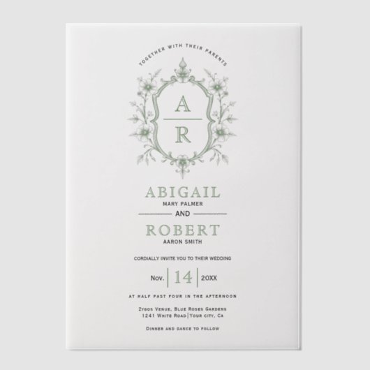 Sage groene  bloemenkam monogram bruiloft vellum uitnodigingen (Voorkant)