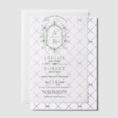 Sage groene  bloemenkam monogram bruiloft vellum uitnodigingen (Offset (Uitnodiging))