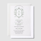 Sage groene  bloemenkam monogram bruiloft vellum uitnodigingen (Offset)