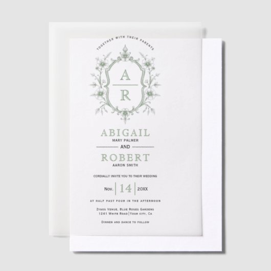 Sage groene  bloemenkam monogram bruiloft vellum uitnodigingen (Offset)