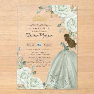 Sage groene bloemenkleed Prinses jurk Quinceañera  Acryl Uitnodigingen