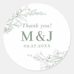 Sage Groene Bloemenkrans Monogram Dank u Ronde Sticker