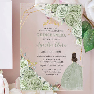 Sage Groene Bloemenkroon Prinsessen Jurk Quinceañe Acryl Uitnodigingen