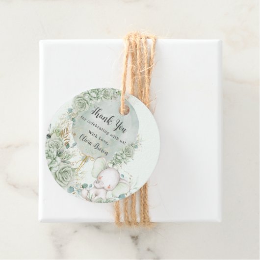 Sage Groene Bloemenolifant Baby shower Neutraal Bedankjes Labels (In situ)
