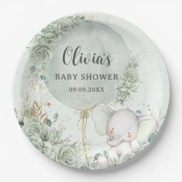 Sage Groene Bloemenolifant Baby shower Papieren Bordje
