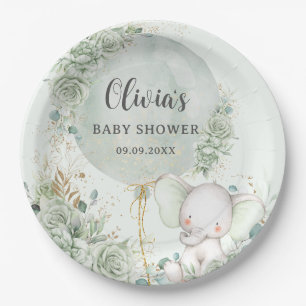 Sage Groene Bloemenolifant Baby shower Papieren Bordje