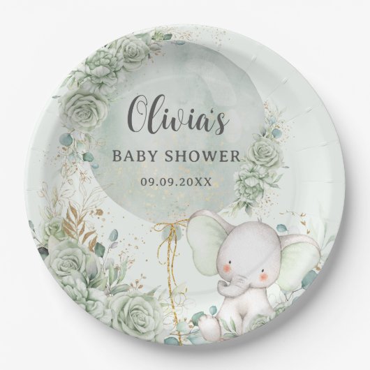 Sage Groene Bloemenolifant Baby shower Papieren Bordje (Voorkant)