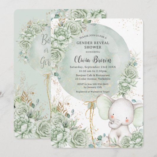 Sage Groene Bloemenolifant Neutraal Geslacht Onthu Kaart (Voorkant / Achterkant)