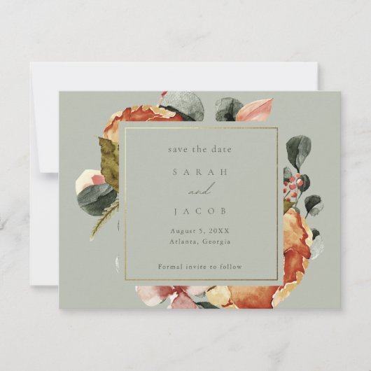 Sage Groene Bloementuin Bruiloft Save The Date (Voorkant)