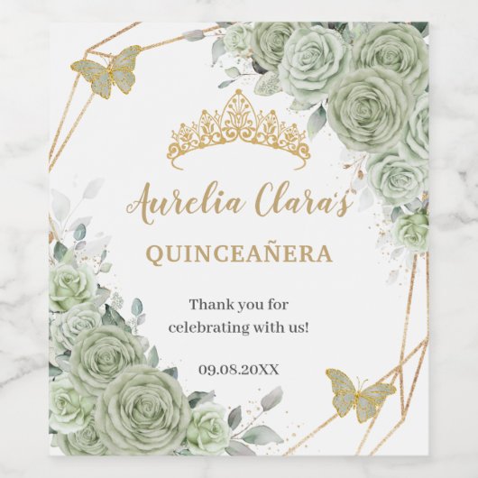 Sage groene bloemige vlinders Quinceañera verjaard Wijn Etiket (Enkel label)