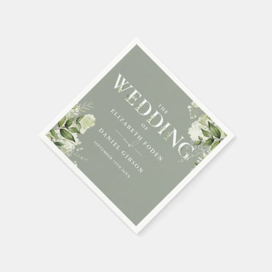 Sage Groene Bloemrijke Typografie Bruiloft Servet (Hoek)