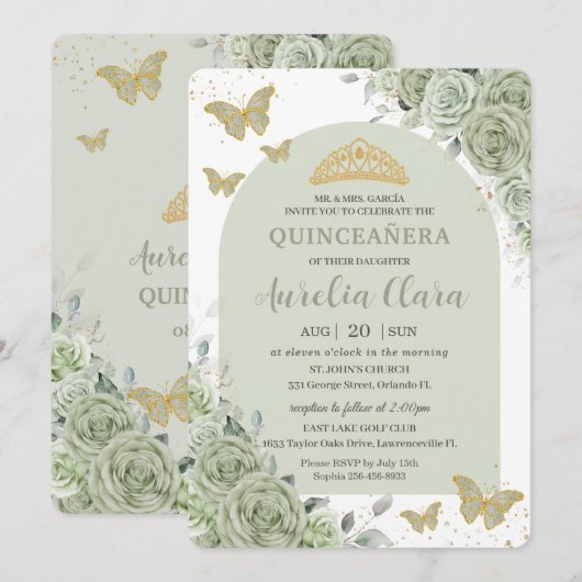 Sage Groene Bloemvlinders Arch Quinceanera Kaart (Voorkant / Achterkant)