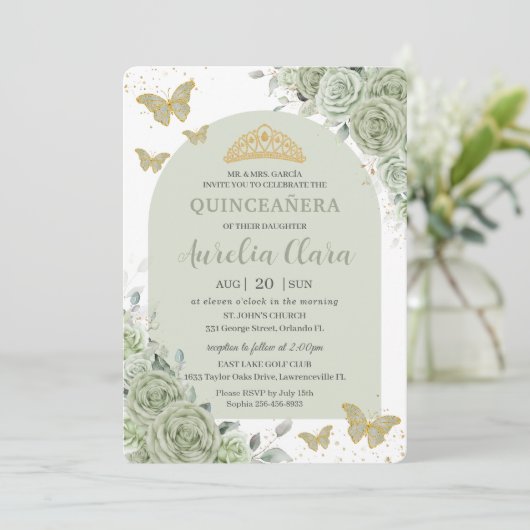 Sage Groene Bloemvlinders Arch Quinceanera Kaart (Staand voorkant)