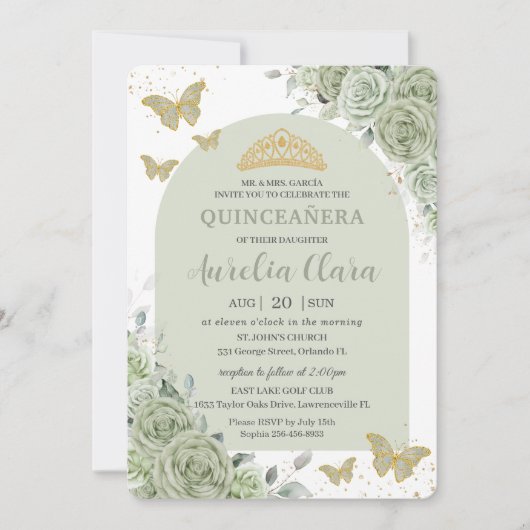 Sage Groene Bloemvlinders Arch Quinceanera Kaart (Voorkant)