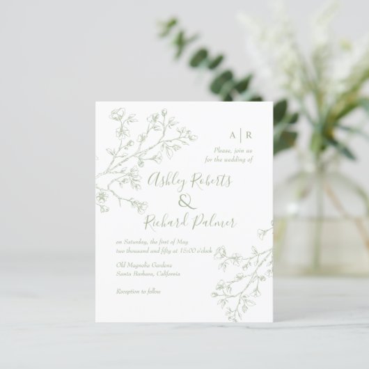 Sage groene bloesems QR code bruiloft uitnodiging (Staand voorkant)