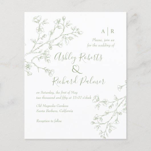 Sage groene bloesems QR code bruiloft uitnodiging (Voorkant)