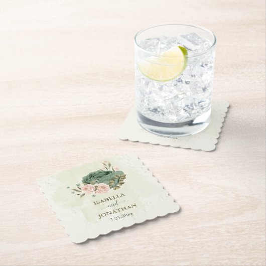 Sage Groene Blozen Bloemen bruiloft Kartonnen Onderzetters (Insitu)