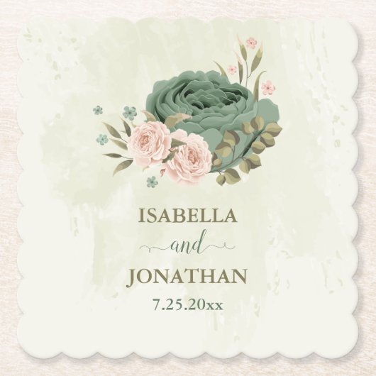 Sage Groene Blozen Bloemen bruiloft Kartonnen Onderzetters (Voorkant)