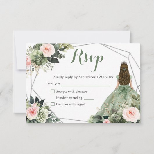 Sage Groene Blush Geometrische Prinses Quinceañera RSVP Kaartje (Voorkant)
