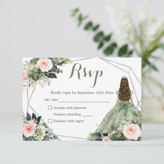 Sage Groene Blush Geometrische Prinses Quinceañera RSVP Kaartje (Staand voorkant)