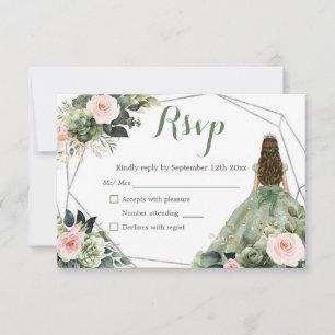 Sage Groene Blush Geometrische Prinses Quinceañera RSVP Kaartje