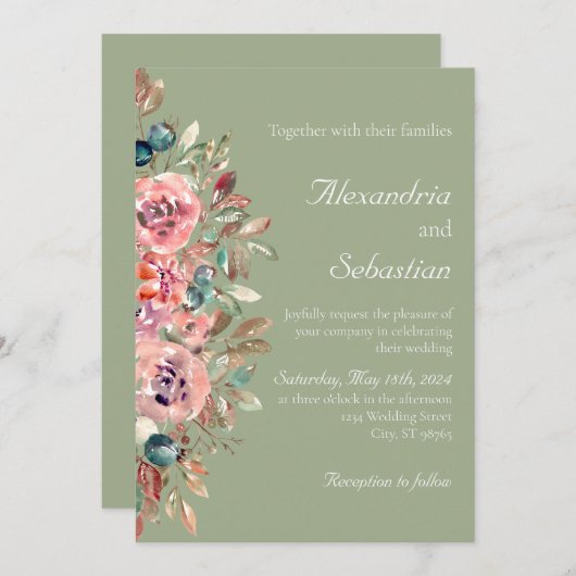 Sage Groene Blush Waterverf Bloemen Bladgroen Brui Kaart (Voorkant / Achterkant)