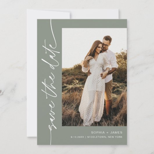 SAGE Groene Boheemse Foto Save The Date Kaart (Voorkant)