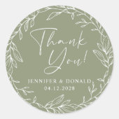 Sage Groene Boho Bloem Dank u Bruiloft Ronde Sticker (Voorkant)