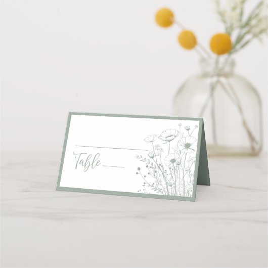Sage Groene Boho Wildbloem Bloemen Script Bruiloft Plaatskaartje (Voorkant)