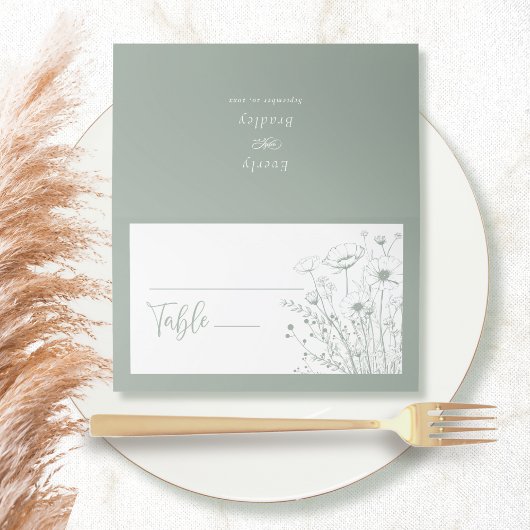 Sage Groene Boho Wildbloem Bloemen Script Bruiloft Plaatskaartje