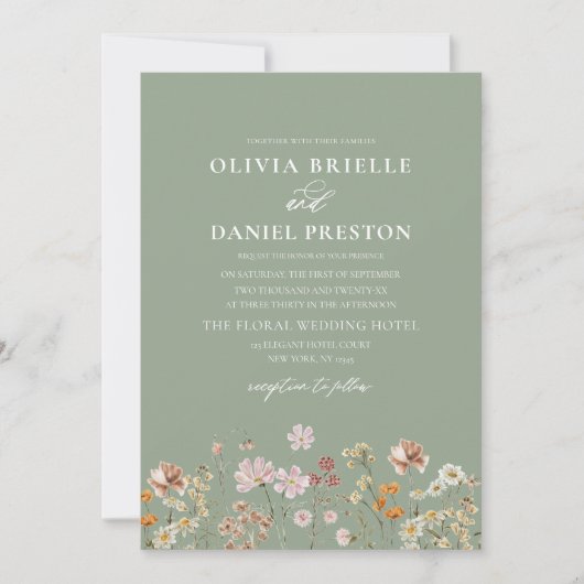 Sage Groene Boho Wildbloem Rustieke Tuin Bruiloft Kaart (Voorkant)