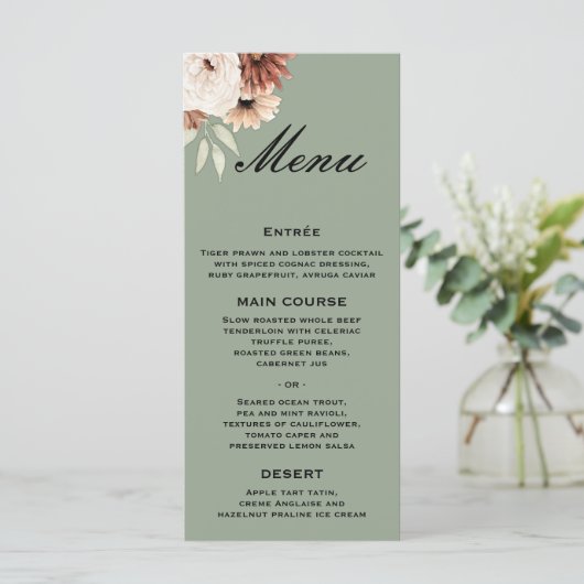 Sage Groene Boho Wildbloemen Bruiloft Menu (Staand voorkant)