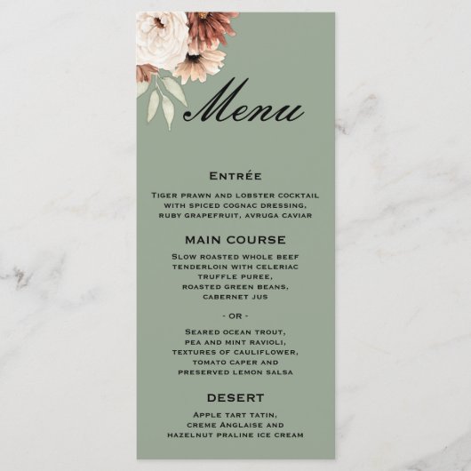 Sage Groene Boho Wildbloemen Bruiloft Menu (Voorkant)