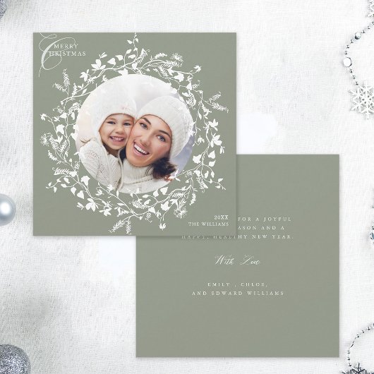 Sage Groene Boho Wildflower Kerstmis Fotoplein Feestdagenkaart