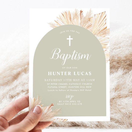 Sage Groene Boog Boho Bloemen Jongens Doop Kaart