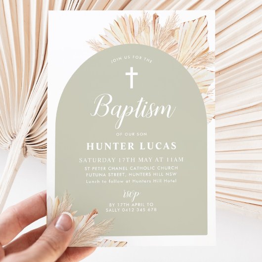 Sage Groene Boog Boho Bloemen Jongens Doop Kaart