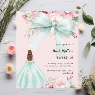 Sage groene boog jurk roze Sweet 16 uitnodiging