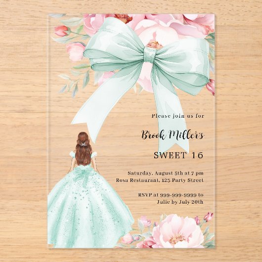 Sage groene boog roze bloemen jurk duidelijk Sweet Acryl Uitnodigingen (Voorkant)