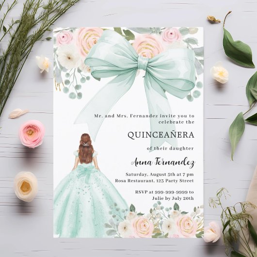 Sage groene boog roze bloemen jurk Quinceanera Kaart