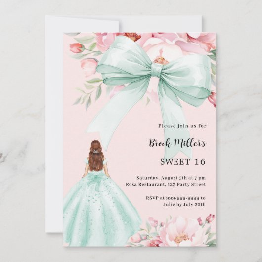 Sage groene boog roze bloemen jurk Sweet 16 Kaart (Voorkant)