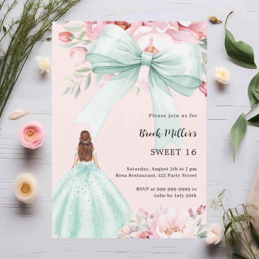Sage groene boog roze bloemen jurk Sweet 16 Kaart