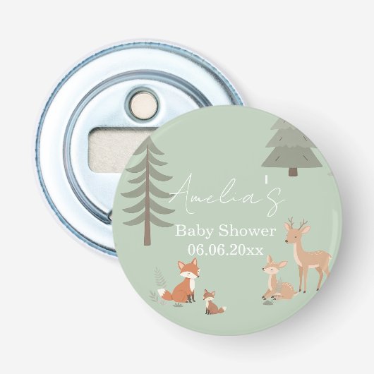 Sage groene bosdier baby shower  button flesopener (Voorkant)