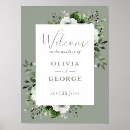 Sage Groene Botanische Bloemen Huwelijk Welkom Tek Poster