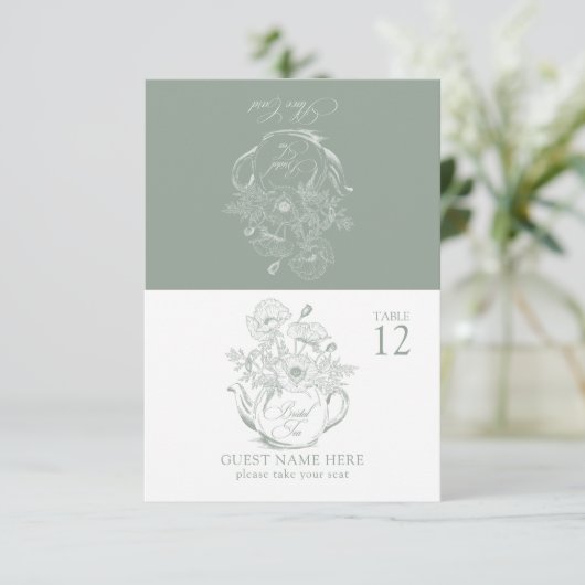 Sage Groene Botanische Bruidsthee Place Card RSVP Kaartje (Staand voorkant)