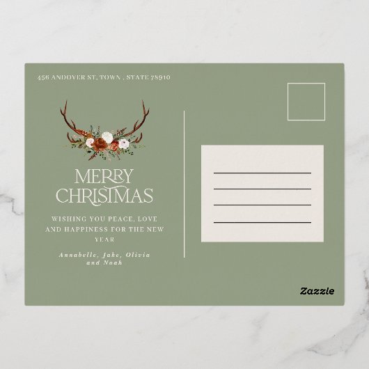 Sage-groene botanische elegantvlek rustige moderne folie feestdagen briefkaart (Achterkant)