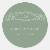 Sage Groene botanische kam monogram bruiloft Ronde Sticker (Voorkant)